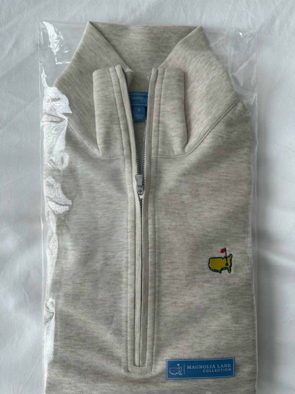 Masters Half-Zip Sweater in Light Heather Taupe with Yellow & Red Logo